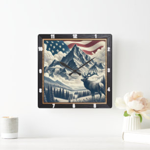 Mountain Moose Patriotic Rustic Square Wall Clock