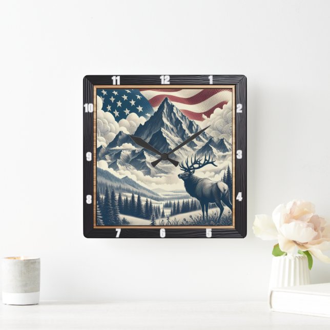Mountain Moose Patriotic Rustic Square Wall Clock (Home)
