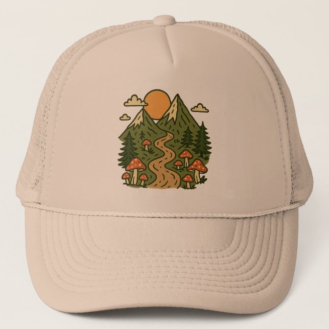 Mountain Mushroom Hiking Trail Outdoors Adventure  Trucker Hat (Front)