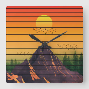 MOUNTAIN NATURE VINTAGE SUNSET SCENERY SQUARE WALL CLOCK