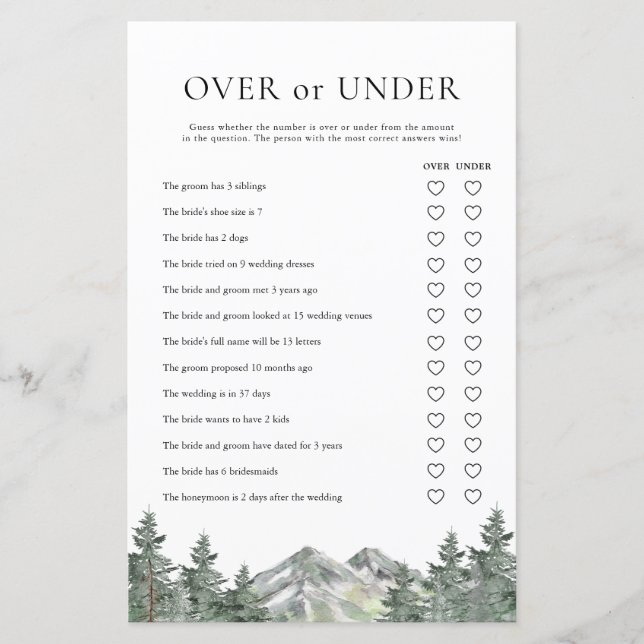 Mountain Over Or Under Bridal Shower Game (Front)
