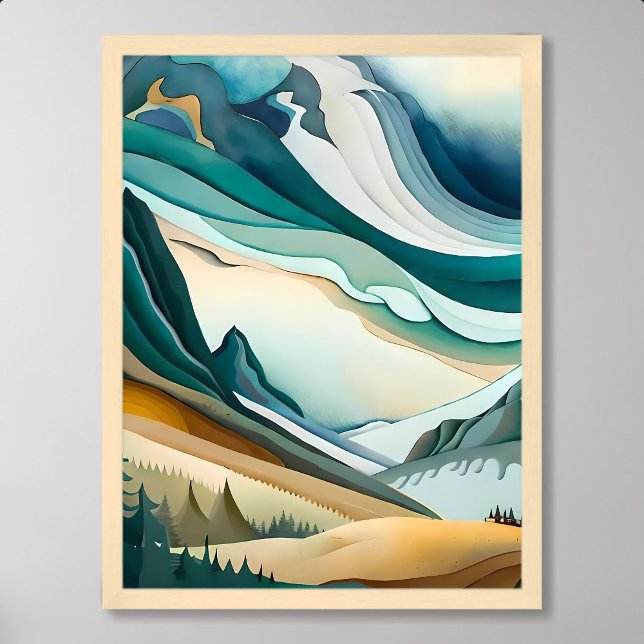 mountain painting abstract blue cloudy pine tree poster (mountain painting abstract blue cloudy pine tree)
