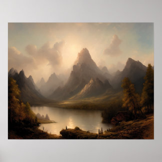 Mountain painting at lake - landscape art poster