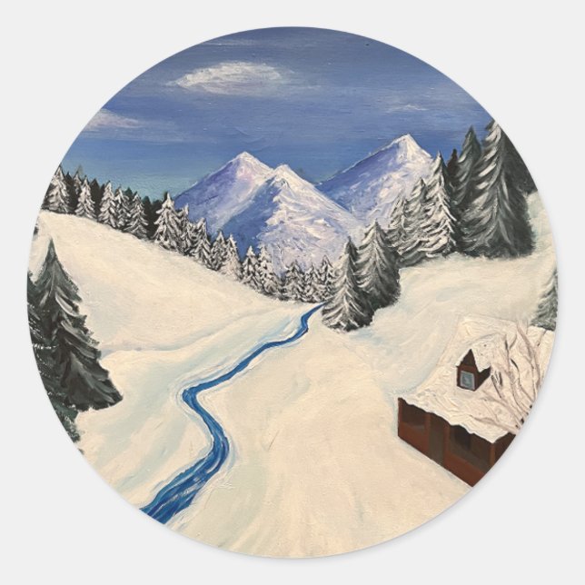 Mountain Painting Cabin Wilderness Classic Round Sticker (Front)