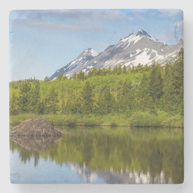 Mountain Peaks Reflect Into A Beaver Pond Stone Coaster (Front)