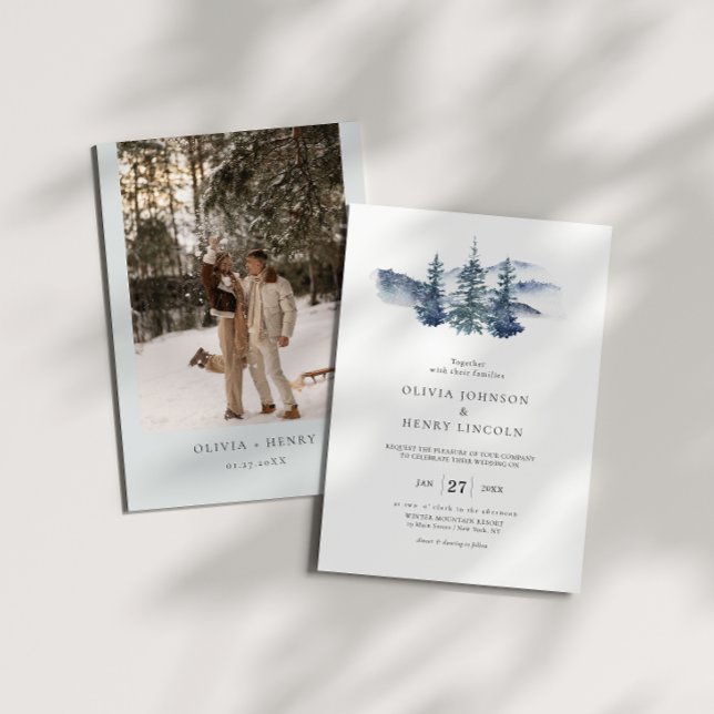 Mountain Pine Tree Winter Wedding Photo Invitation (Creator Uploaded)