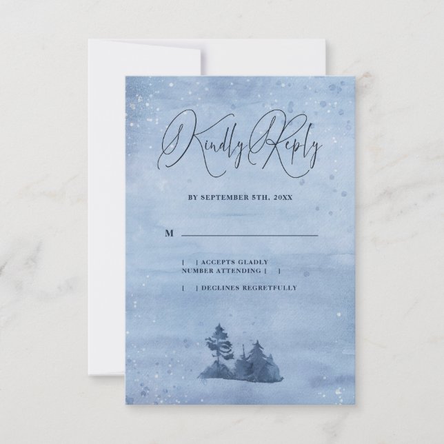 Mountain Pine Trees Light Blue Winter Wedding RSVP Card (Front)