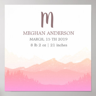 Mountain Pink   Personalised Baby Birth Poster