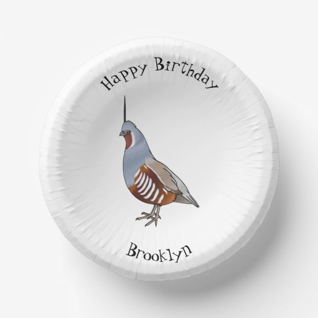 Mountain quail bird cartoon illustration paper plate (Front)