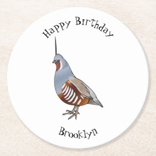 Mountain quail bird cartoon illustration round paper coaster