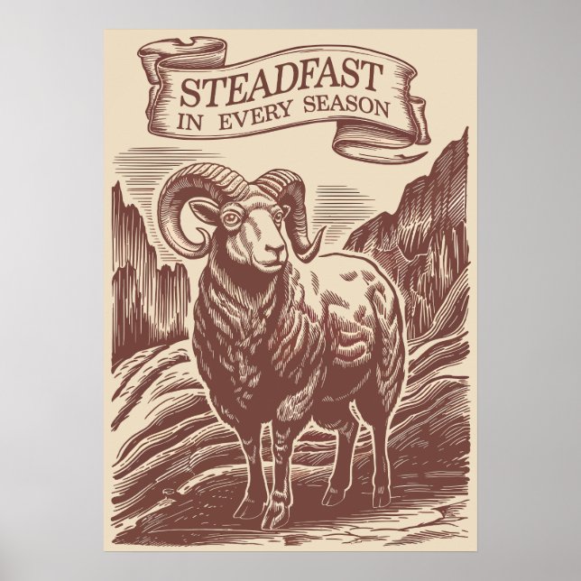 Mountain Ram Steadfast Nature Woodcut Design Poster (Front)