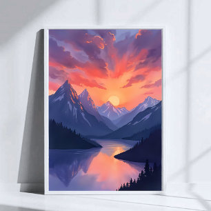 Mountain Range Sunset Watercolor Lake Landscape Poster