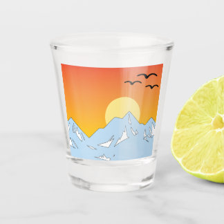 Mountain range with birds sunset Shot Glass