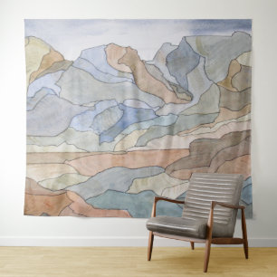 Mountain Regions Watercolor Line Art Print Tapestry