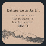 Mountain Retreat ⎢Return Address Sticker<br><div class="desc">Rustic square return address sticker as a beautiful wedding mailing accessory with kraft paper background and decorative font w mountain and forest illustration on the bottom</div>