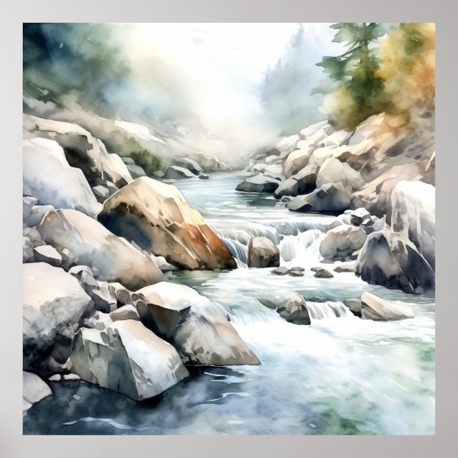 Mountain River Alaska Watercolor Painting Poster (Front)