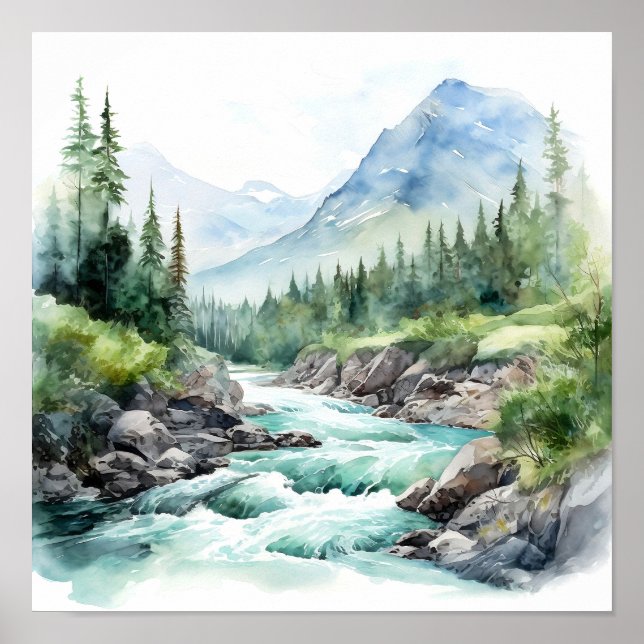  Mountain River Alaska Watercolor Painting Poster (Front)