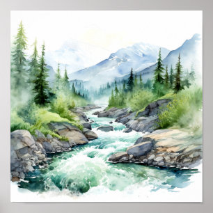  Mountain River Alaska Watercolor Painting Poster