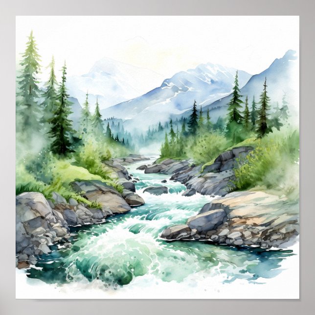  Mountain River Alaska Watercolor Painting Poster (Front)