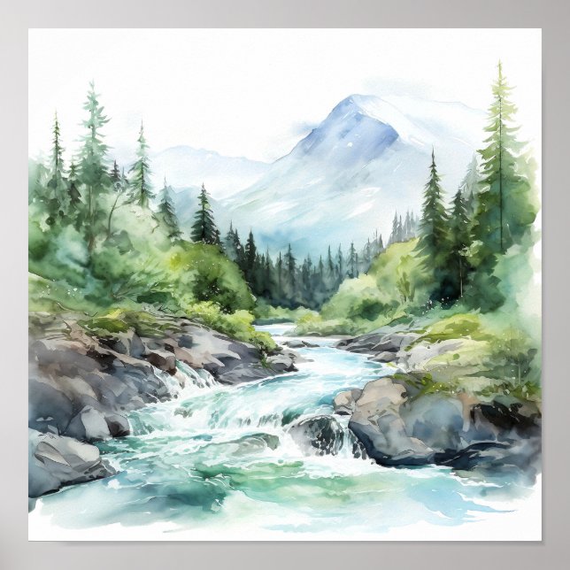 Mountain River Alaska Watercolor Painting Poster (Front)