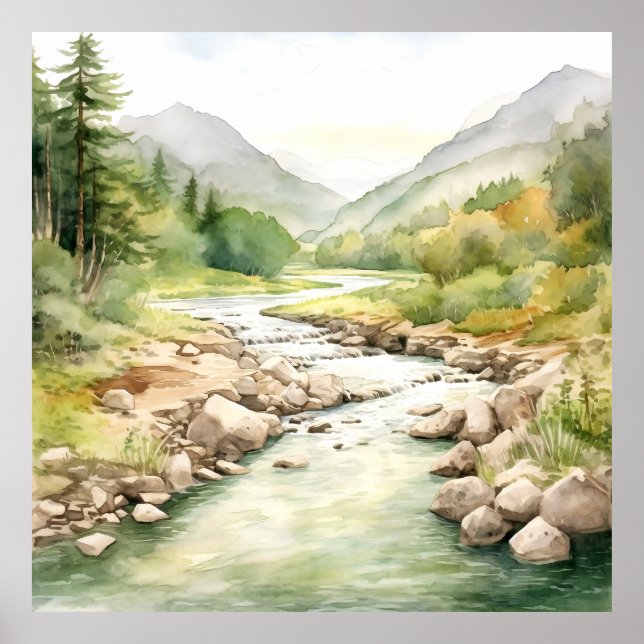  Mountain River Alaska Watercolor Painting Poster (Front)