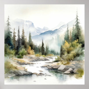  Mountain River Alaska Watercolor Painting Poster