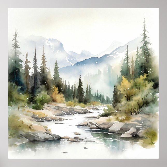  Mountain River Alaska Watercolor Painting Poster (Front)