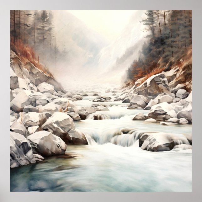  Mountain River Alaska Watercolor Painting Poster (Front)