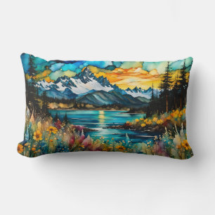 Mountain River and Wildflowers Landscape Lumbar Cushion