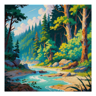 Mountain River Escape – Tranquil Forest Landscape  Poster