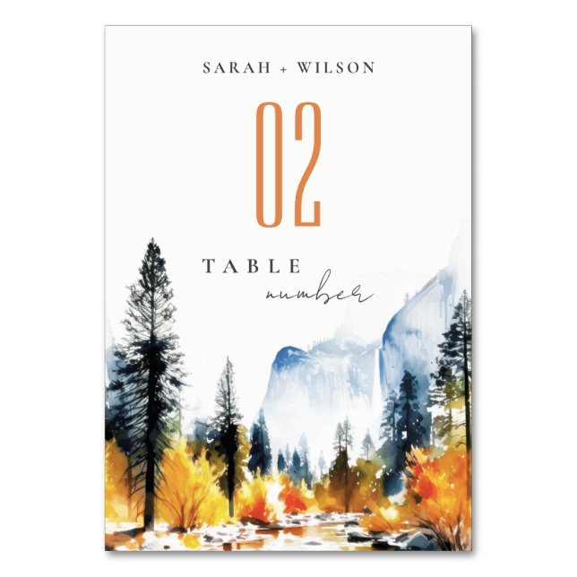 Mountain River Fall Winter Landscape Wedding Table Number (Front)