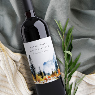 Mountain River Fall Winter Landscape Wedding Wine Label