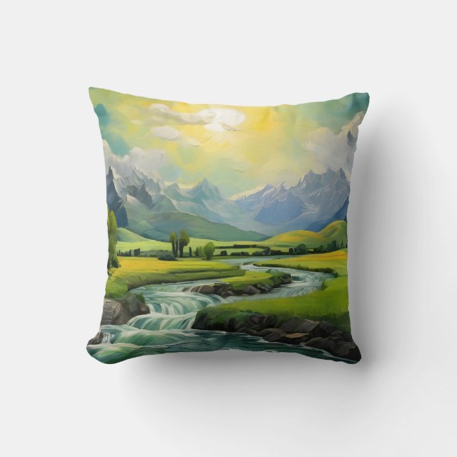 Mountain River Green Forest Sunset Cushion (Front)