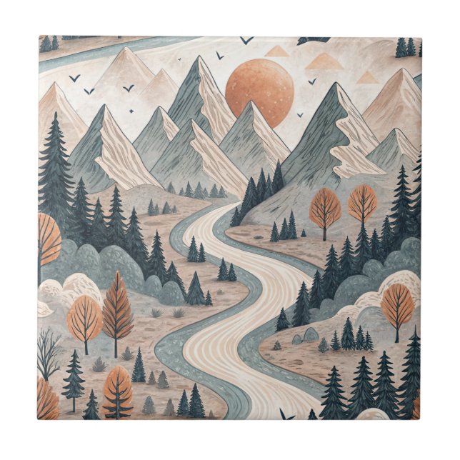 Mountain River Landscape Boho Abstract Pattern Art Ceramic Tile (Front)