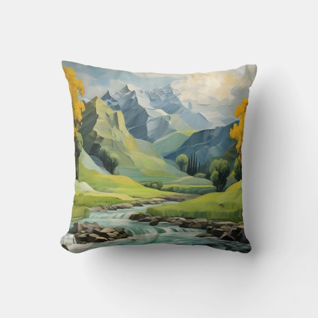 Mountain River Landscape Green Forest Cushion (Front)
