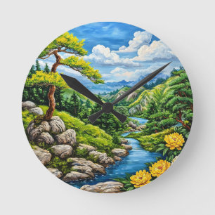 Mountain river stream landscape round clock
