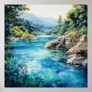 Mountain River Vivid Colours Watercolor Painting Poster