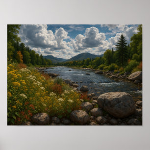 Mountain River Wildflowers Landscape  Poster