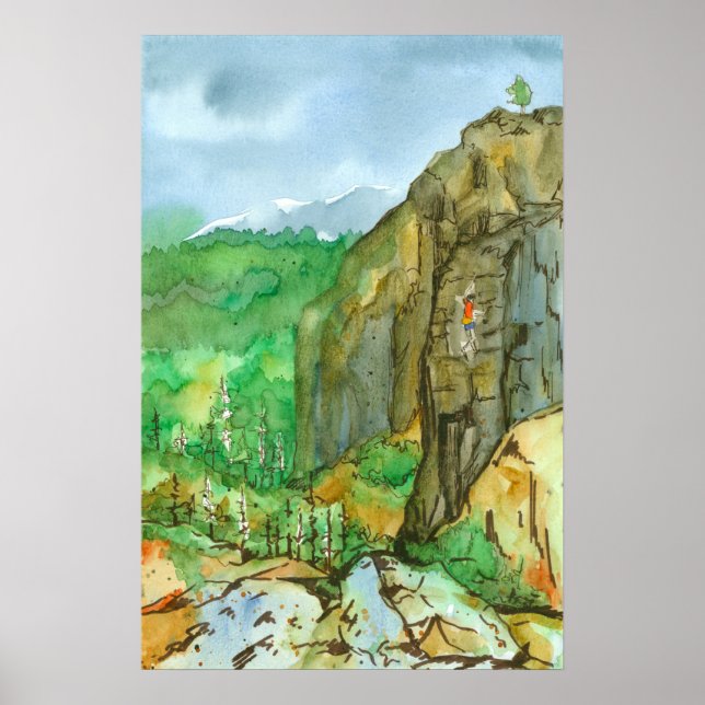 Mountain Rock Climbing Watercolor Landscape Poster (Front)