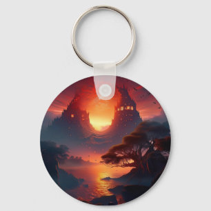 Mountain Rock Houses Overlook Sunset Lake Key Ring