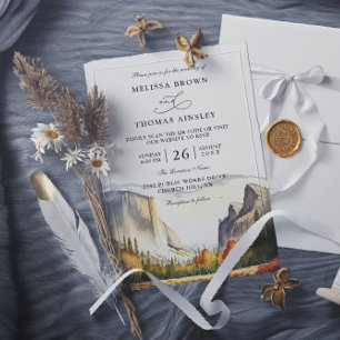 Mountain Rustic Forest Budget QR Code Wedding Invitation