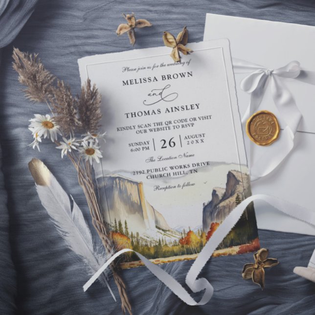Mountain Rustic Forest Budget QR Code Wedding Invitation (Creator Uploaded)
