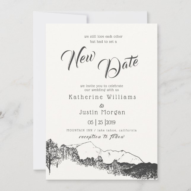 Mountain Rustic New Date Wedding Invitation (Front)
