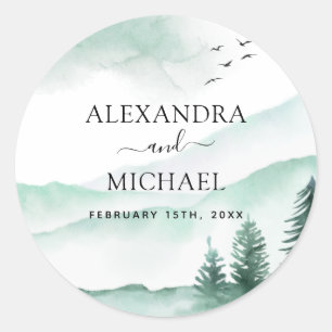 Mountain Rustic Watercolor Greenery Wedding Classic Round Sticker