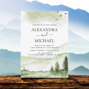 Mountain Rustic Watercolor Greenery Wedding Invitation