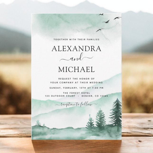 Mountain Rustic Watercolor Greenery Wedding Invitation (Creator Uploaded)