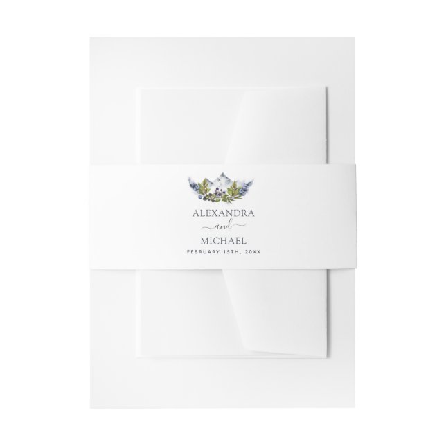 Mountain Rustic Watercolor Greenery Wedding Invitation Belly Band (Front Example)