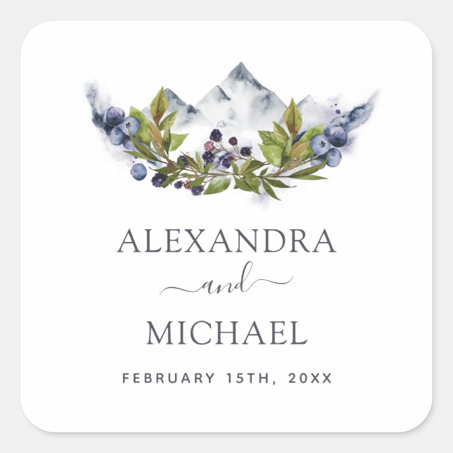 Mountain Rustic Watercolor Greenery Wedding Square Sticker (Front)
