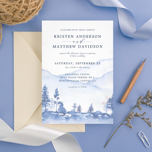 Mountain Rustic Woodland Watercolor Blue Wedding Invitation (Watercolor woodland theme for a magical evening or an entire wedding weekend in the mountains.)
