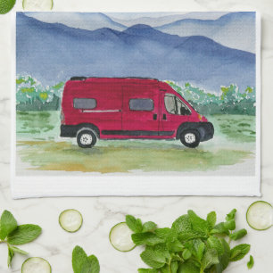 Mountain Scene Van Life Kitchen Towel Red Van